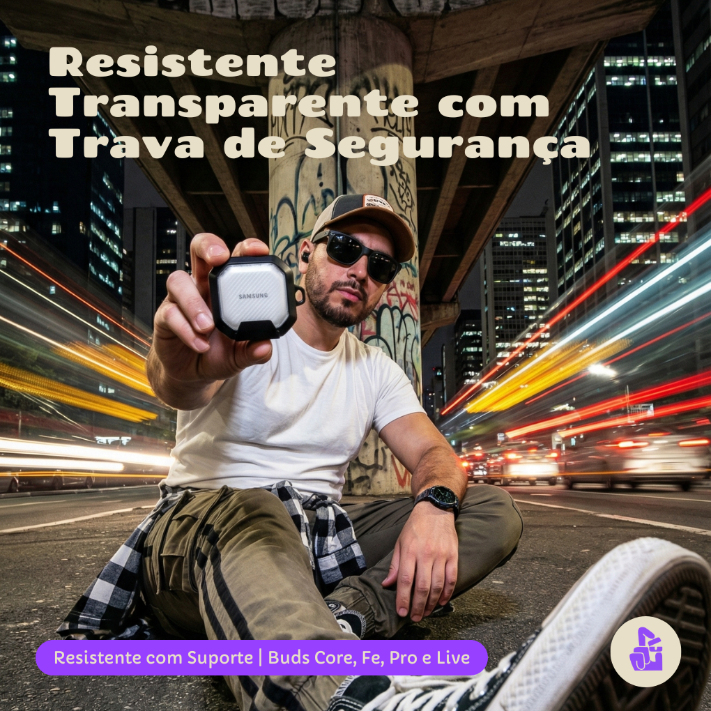 Capa Protetora Nerdcase para Galaxy Buds FE, Buds Core, Buds 2, Pro e Live, Suporte Adaptado, Resistente Transparente