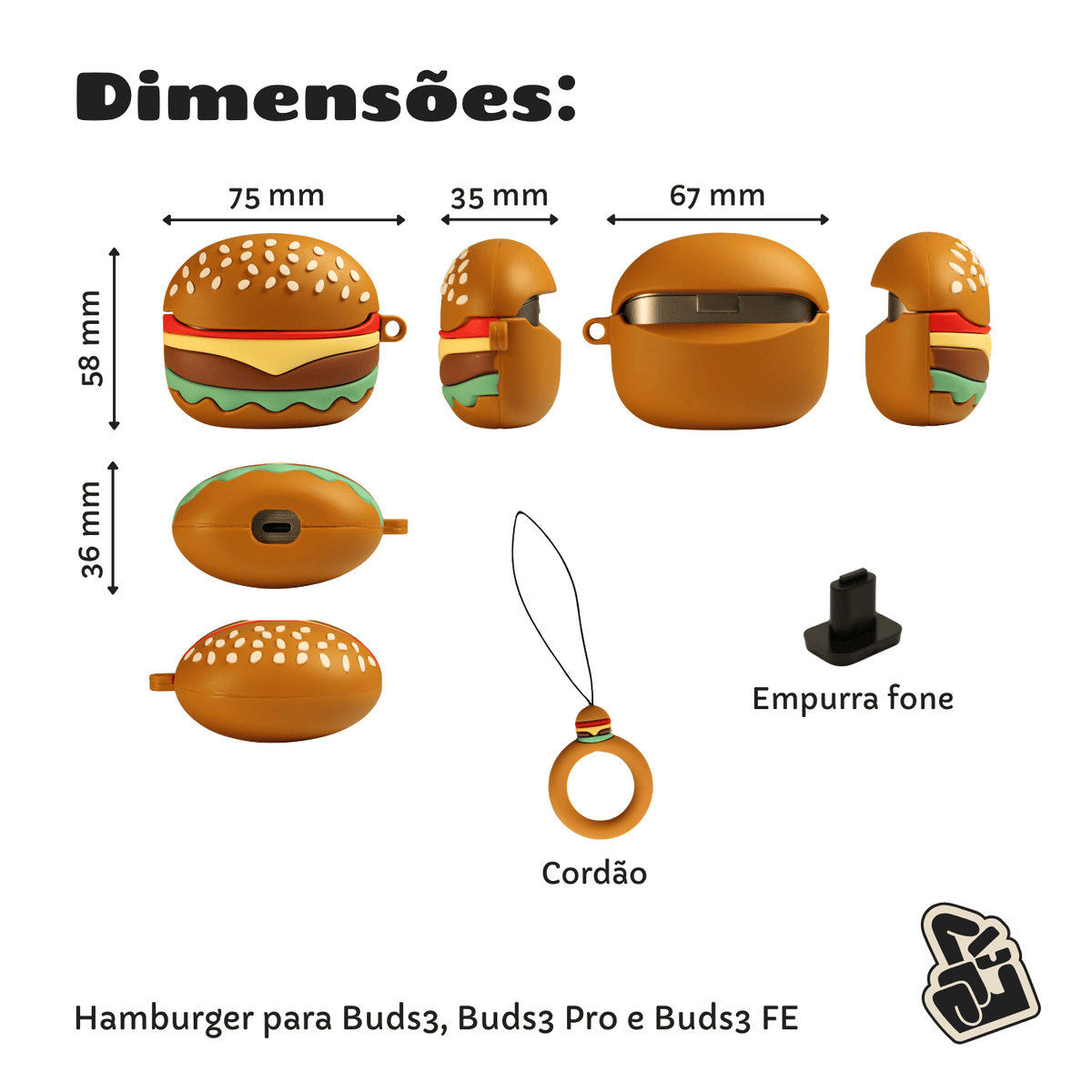 Capa Protetora Nerdcase para Samsung Galaxy Buds 3, Buds 3 Pro, Buds 3 Fe, Silicone, Hamburguer