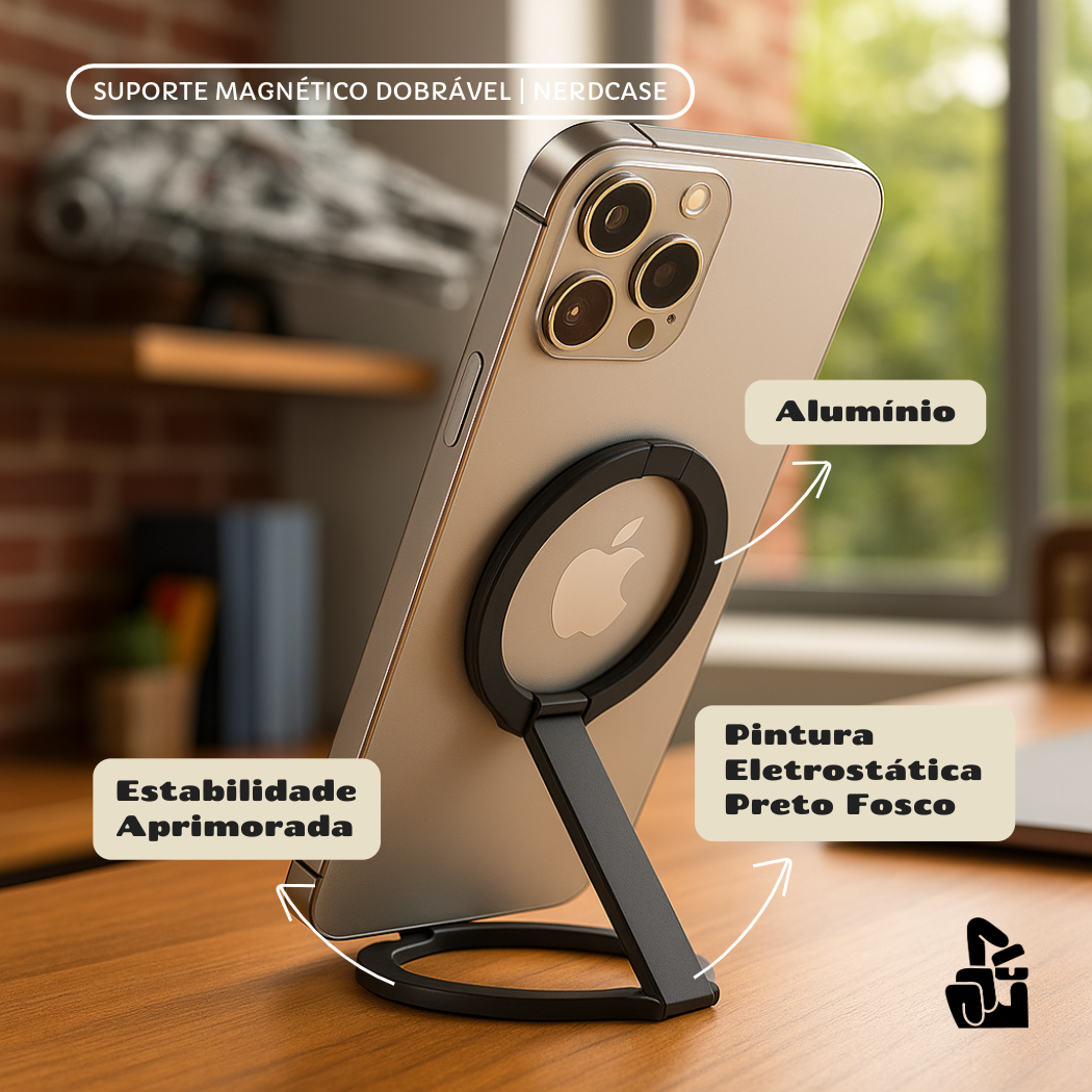 Suporte de Mesa Magnético Nerdcase Dobrável em Metal, Para Celular
